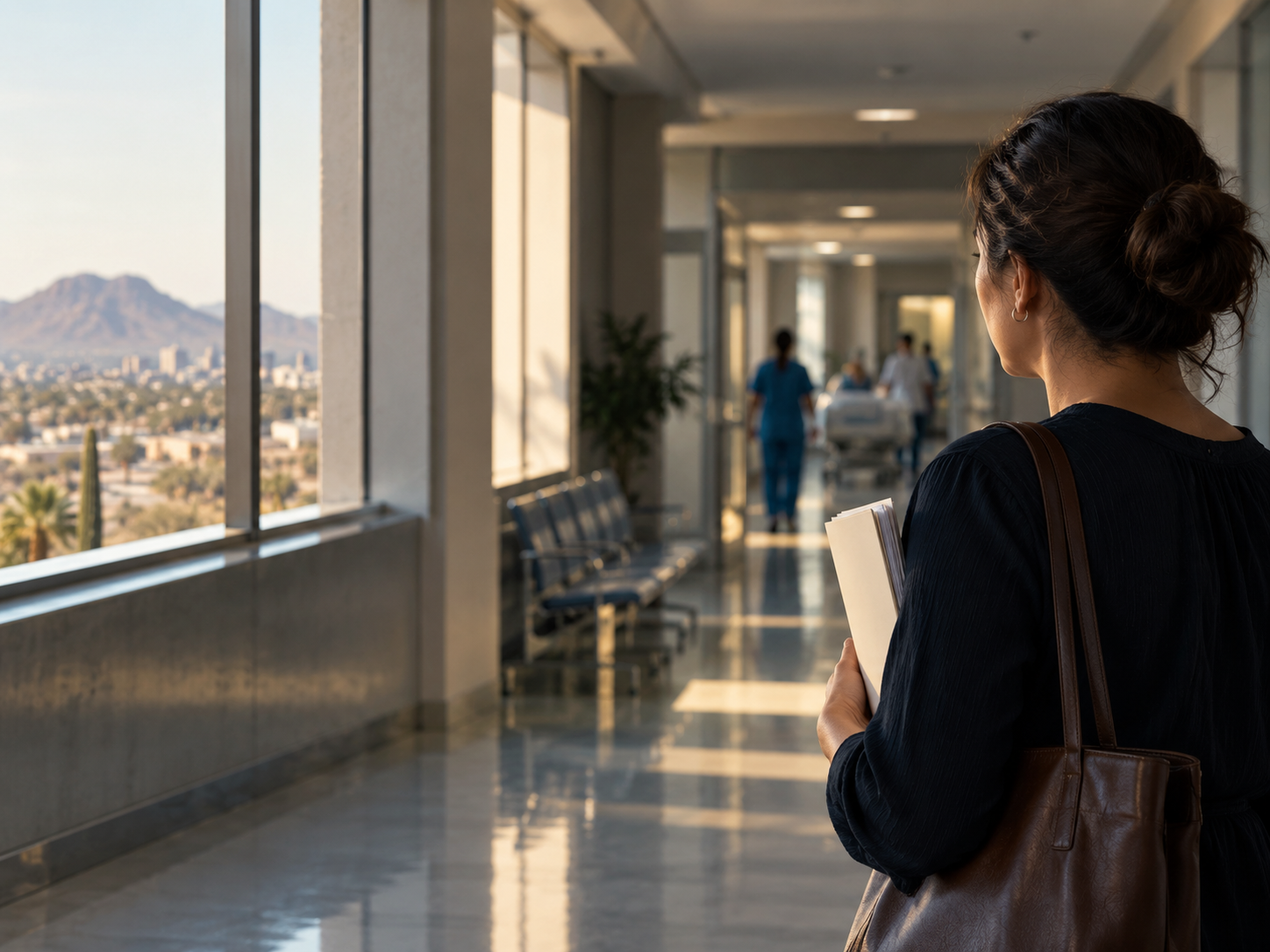 Familiar con documentos médicos en el pasillo de un hospital